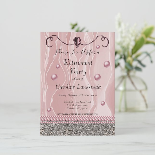 Pearls & Pink Silk Retirement Party Invitation (Standing Front)
