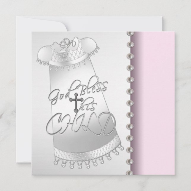 Pearls Pink White Baby Girl Christening Invitation (Front)