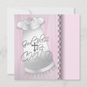 Pearls Pink White Baby Girl Christening Invitation