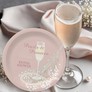 Pearls & Prosecco Babys Breath Blush Bridal Shower Paper Plate