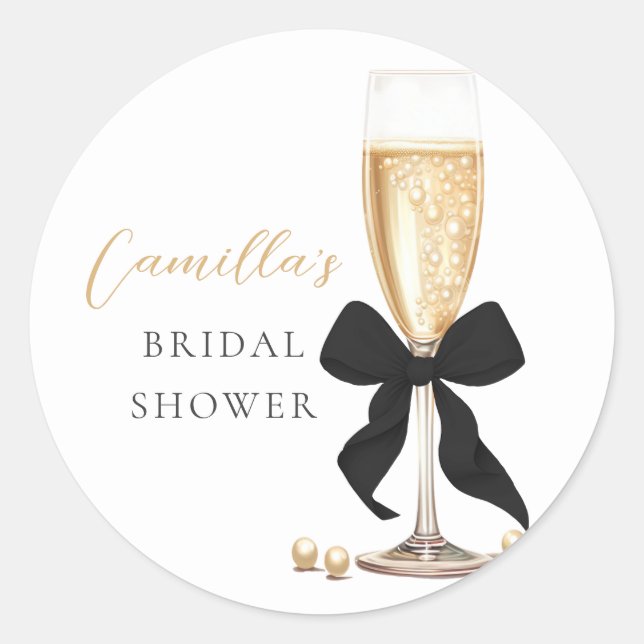 Pearls & Prosecco Black Bow Bridal Shower Classic Round Sticker (Front)
