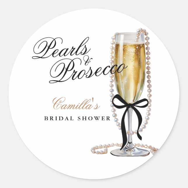 Pearls & Prosecco Black Bow Bridal Shower Classic Round Sticker (Front)