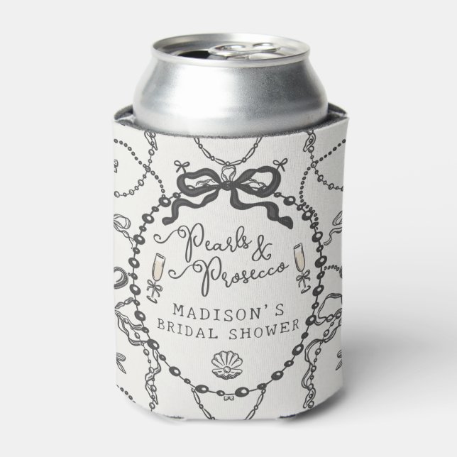 Pearls & Prosecco Black Bow Bridal Shower Favour Can Cooler (Can Front)