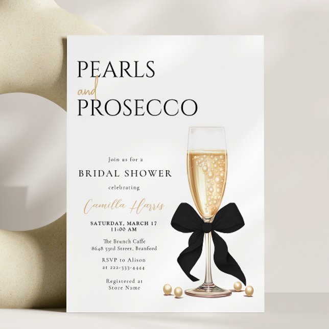 Pearls & Prosecco Black Bow Bridal Shower Invitation (Creator Uploaded)