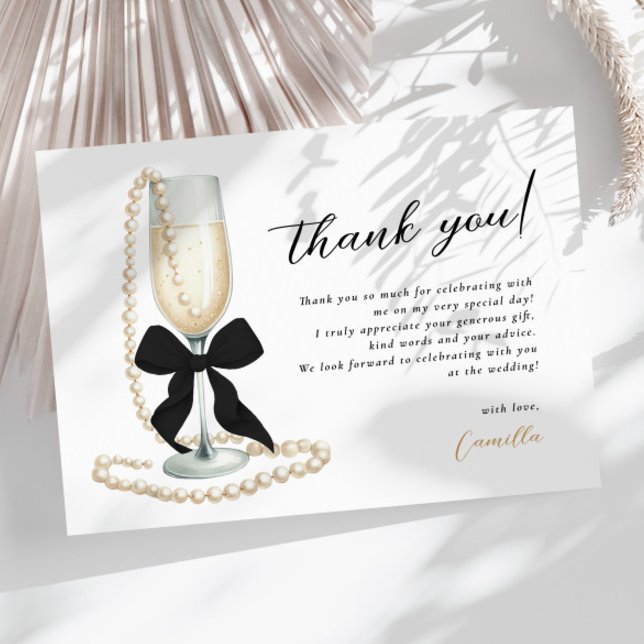 Pearls & Prosecco Black Bridal Shower Thank You Card (Creator Uploaded)