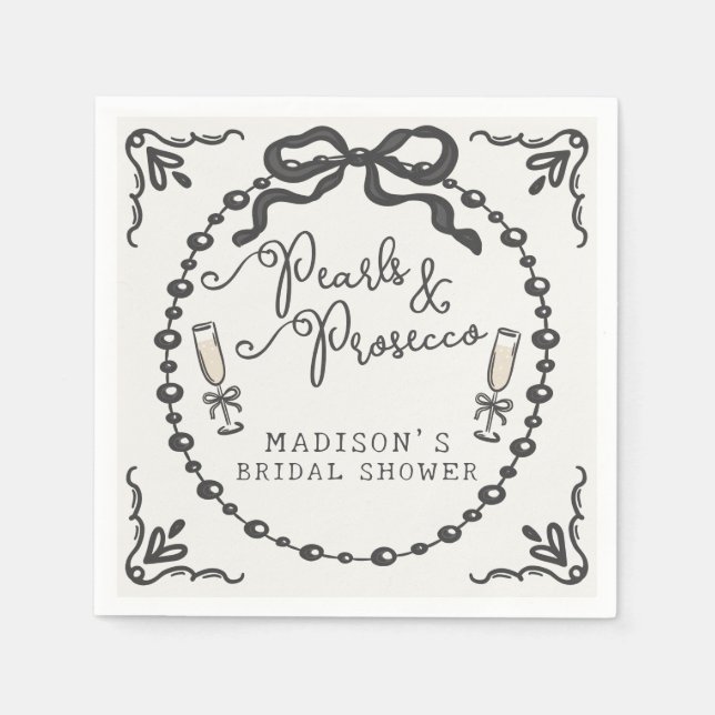 Pearls & Prosecco Black Coquette Bow Bridal Shower Napkin (Front)