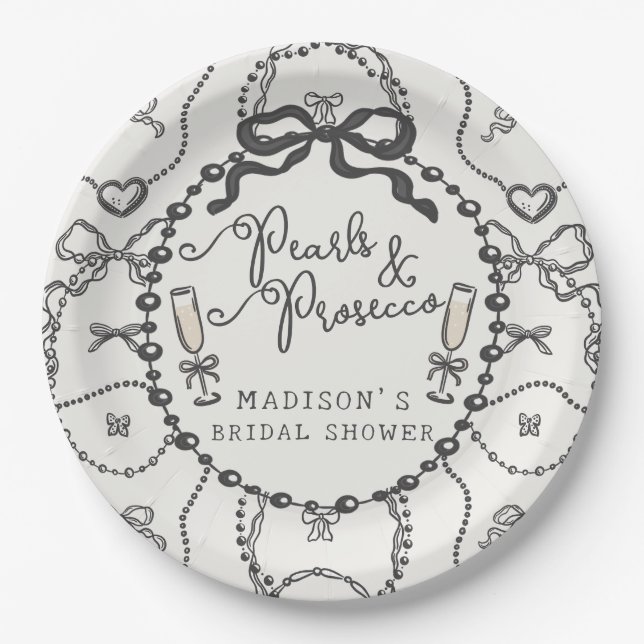 Pearls & Prosecco Black Coquette Bow Bridal Shower Paper Plate (Front)