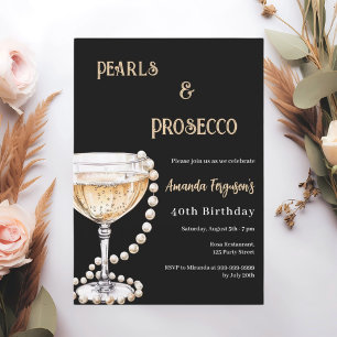 Pearls Prosecco black gold birthday Invitation