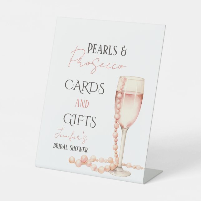 Pearls & Prosecco Blush Pink Bridal Shower Favour Pedestal Sign (Front)