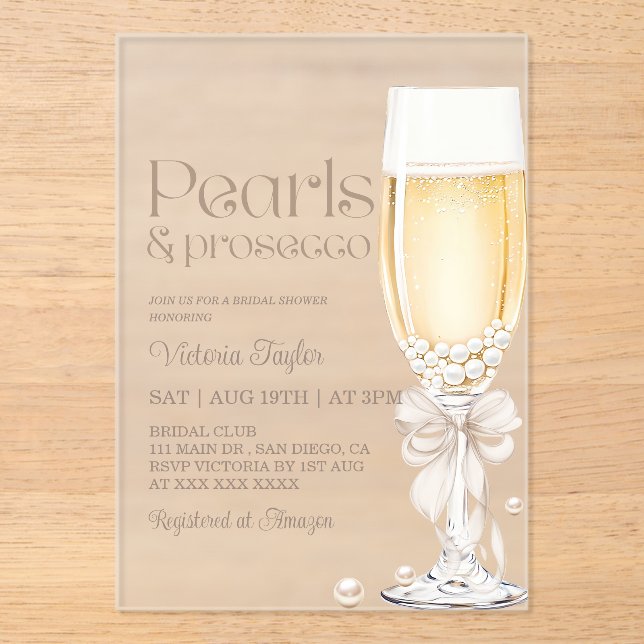 Pearls Prosecco Bow Bridal Shower Acrylic Invitations (Front)