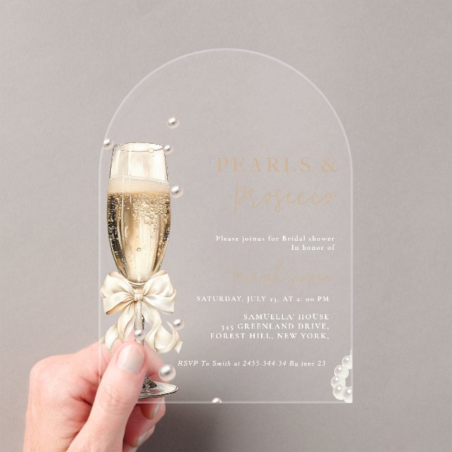 Pearls & Prosecco  Bridal shower Acrylic Invitations (Insitu (Handheld))
