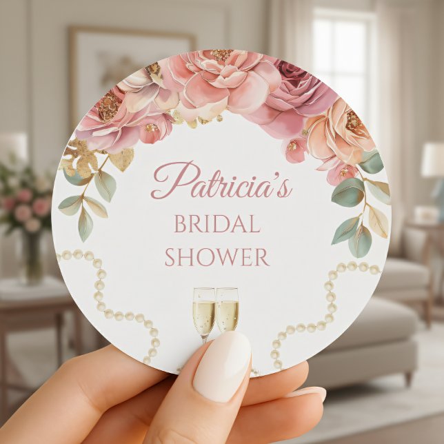 Pearls & Prosecco Bridal Shower Classic Round Sticker (Creator Uploaded)