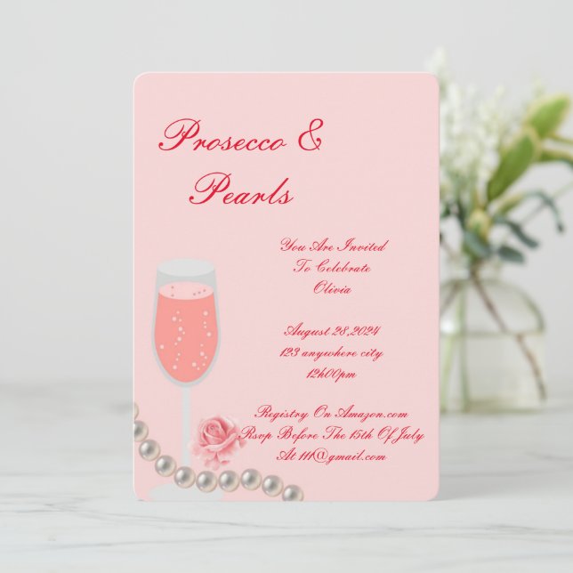 PEARLS & PROSECCO BRIDAL SHOWER PINK  INVITATION (Standing Front)