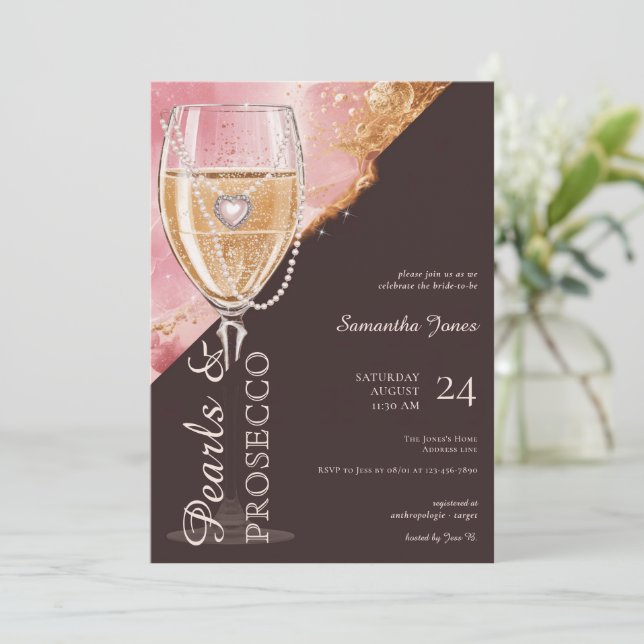 Pearls & Prosecco Brunch and Bubbly Bridal Shower  Invitation (Standing Front)