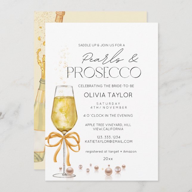 Pearls & Prosecco  Champagne Bow Bridal Shower Invitation (Front/Back)