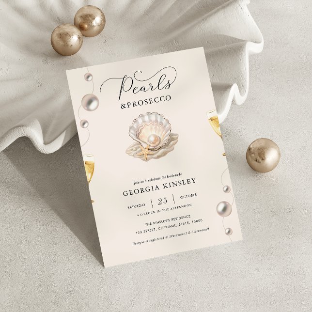Pearls & Prosecco Coastal Seashell Bridal Shower Invitation (Creator Uploaded)