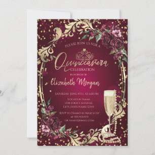 Pearls Prosecco Diamond Burgundy Roses Quinceañera Invitation