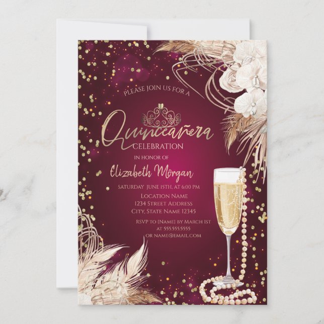 Pearls Prosecco Diamonds Boho Flowers Quinceañera Invitation (Front)
