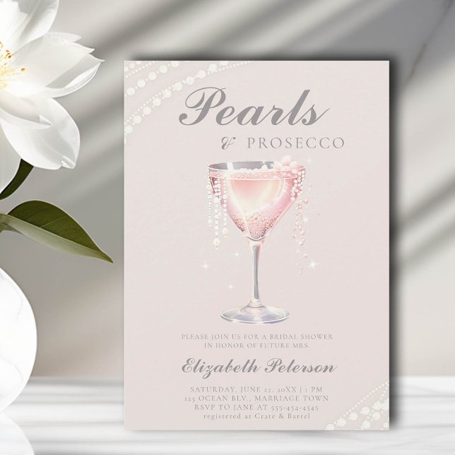 Pearls Prosecco Dusty Pink Brunch Bridal Shower Invitation (pearls and prosecco bridal shower invitation dusty pink bubbly calligraphy elegant classic romantic)