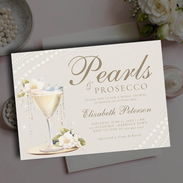 Pearls Prosecco Elegant Chic Brunch Bridal Shower Invitation (pearls and prosecco bridal brunch invitation champagne glass ivory ecru elegant modern classic chic)