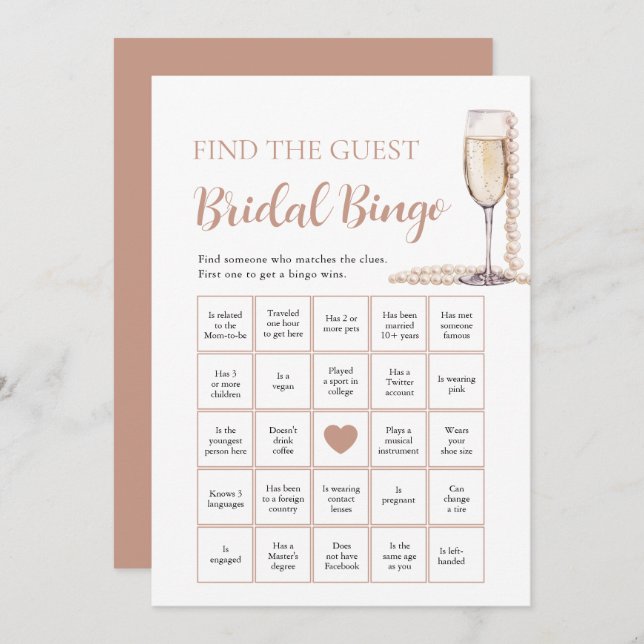 Pearls & Prosecco Find the Guest Bridal Bingo Game Invitation (Front/Back)
