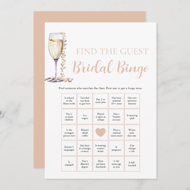 Pearls & Prosecco Find the Guest Bridal Bingo Game Invitation (Front/Back)