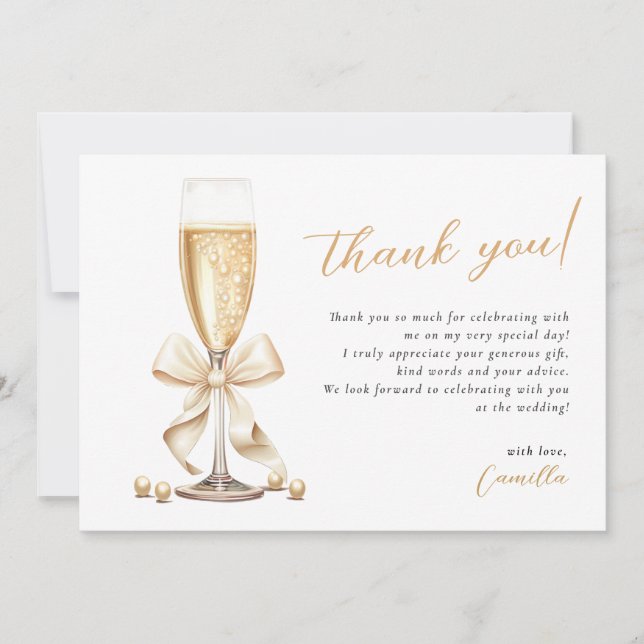 Pearls & Prosecco Gold Bridal Shower Thank You Card (Front)