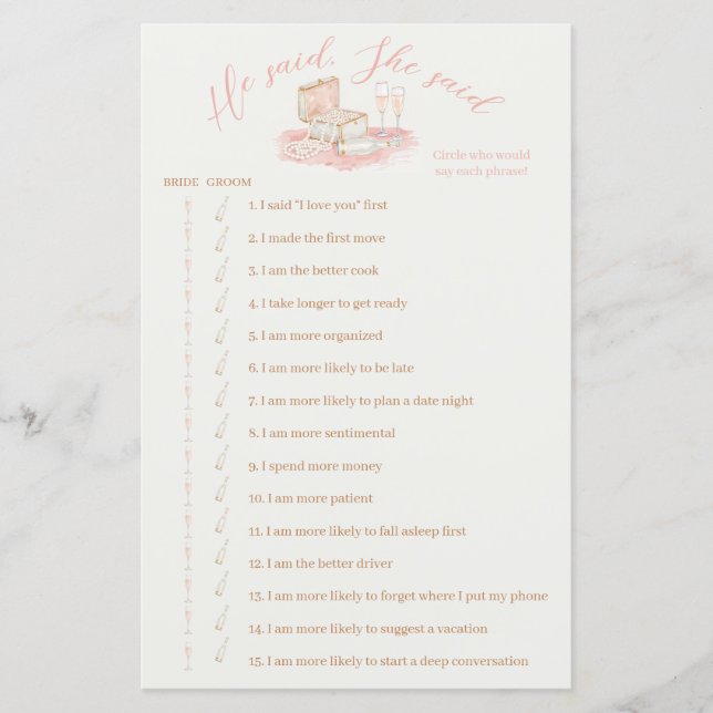 Pearls & Prosecco He Said She Said Bridal Games (Front)