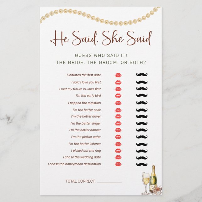 Pearls & Prosecco He, She Said Bridal Shower Game (Front)