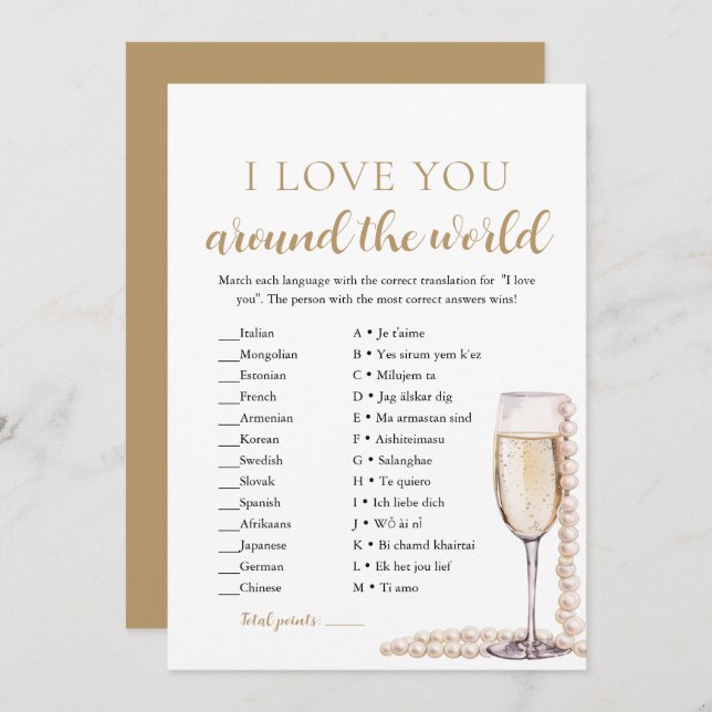 Pearls & Prosecco I Love You Around the World Game Invitation (Front/Back)