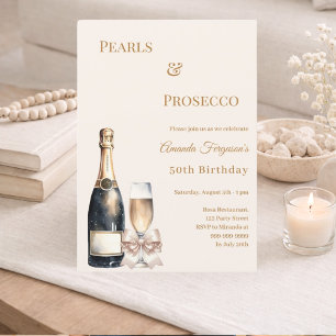 Pearls Prosecco ivory bow elegant birthday  Invitation
