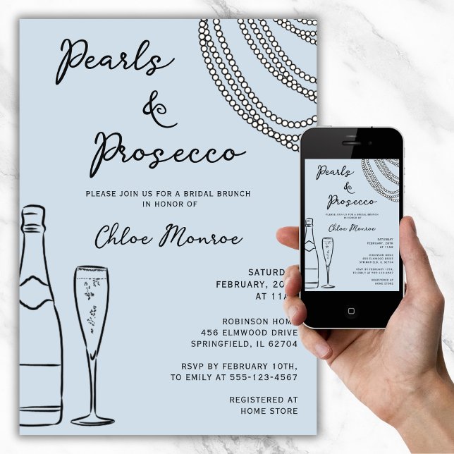 Pearls & Prosecco Modern Dusty Blue Bridal Brunch Invitation (Creator Uploaded)
