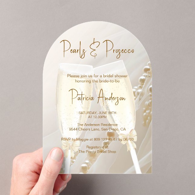 Pearls & Prosecco Modern Elegant Bridal Shower Acrylic Invitations (Insitu (Handheld))