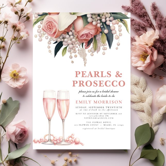 Pearls & Prosecco Modern Pink Floral Bridal Shower Invitation (Creator Uploaded)