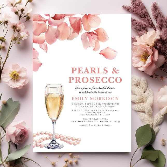 Pearls & Prosecco Modern Pink Floral Bridal Shower Invitation (Creator Uploaded)