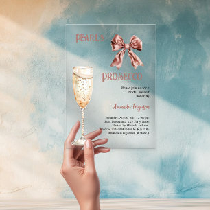 Pearls Prosecco pink bow Bridal Shower clear Acrylic Invitations