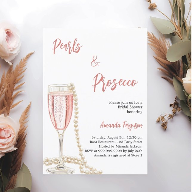 Pearls Prosecco pink script Bridal Shower Invitation (Creator Uploaded)