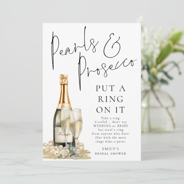Pearls Prosecco Ring on it Bridal Shower Game Card (Standing Front)