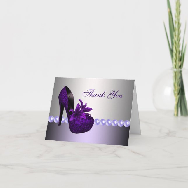 Pearls Purple High Heel Shoes Thank You Cards (Front)