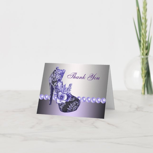 Pearls Purple High Heel Shoes Thank You Cards (Front)