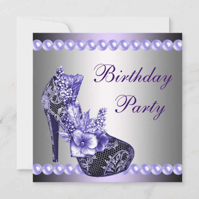 Pearls Purple High Heels Shoes Birthday Party Invitation (Front)