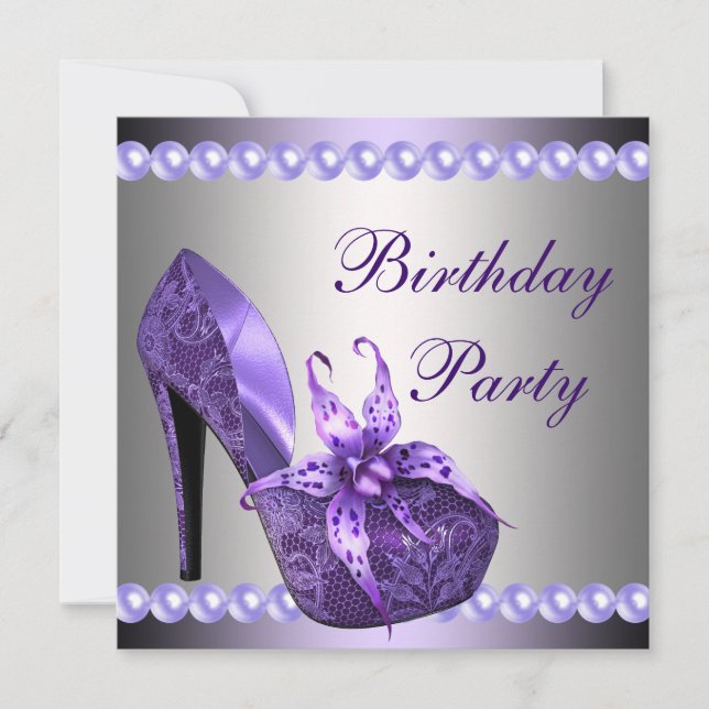 Pearls Purple High Heels Shoes Birthday Party Invitation (Front)