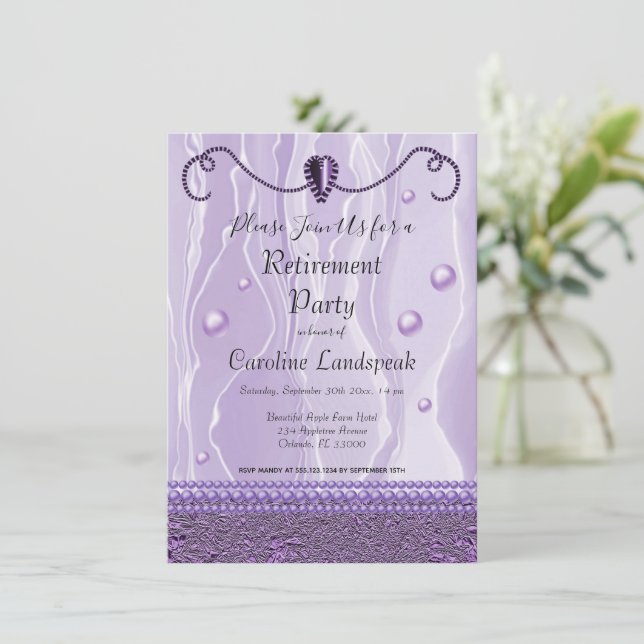Pearls & Purple Silk Retirement Party Invitation (Standing Front)