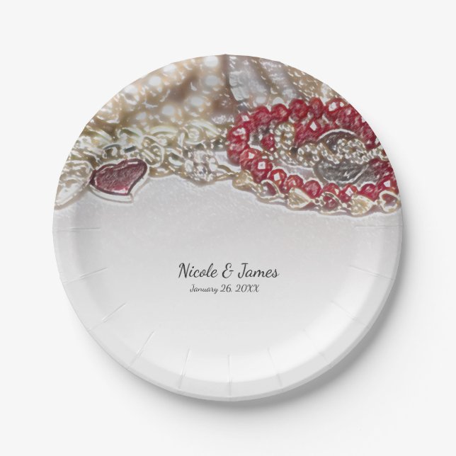 Pearls & Red Valentine Love Jewels Chic Party Paper Plate (Front)