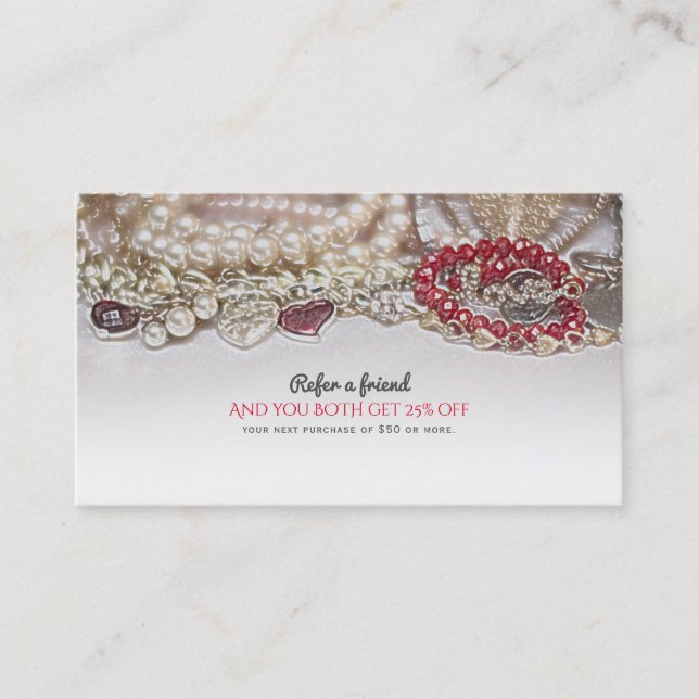 Pearls & Red Valentine Love Jewels Refer a Friend Referral Card (Front)