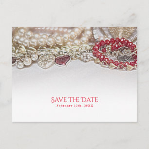Pearls & Red Valentine Love Jewels Save the Date Announcement Postcard