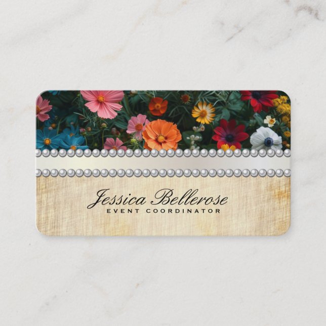 Pearls Ribbon | Elegant Flowers | Vintage Business Card (Front)