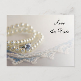 Pearls, Ring and Blue Lace Wedding Save the Date Announcement Postcard