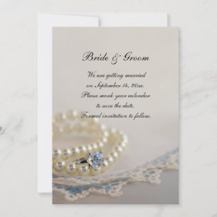 Pearls, Ring and Blue Lace Wedding Save the Date Invitation