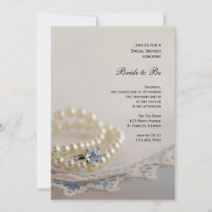 Pearls, Ring and Vintage Blue Lace Bridal Shower Invitation